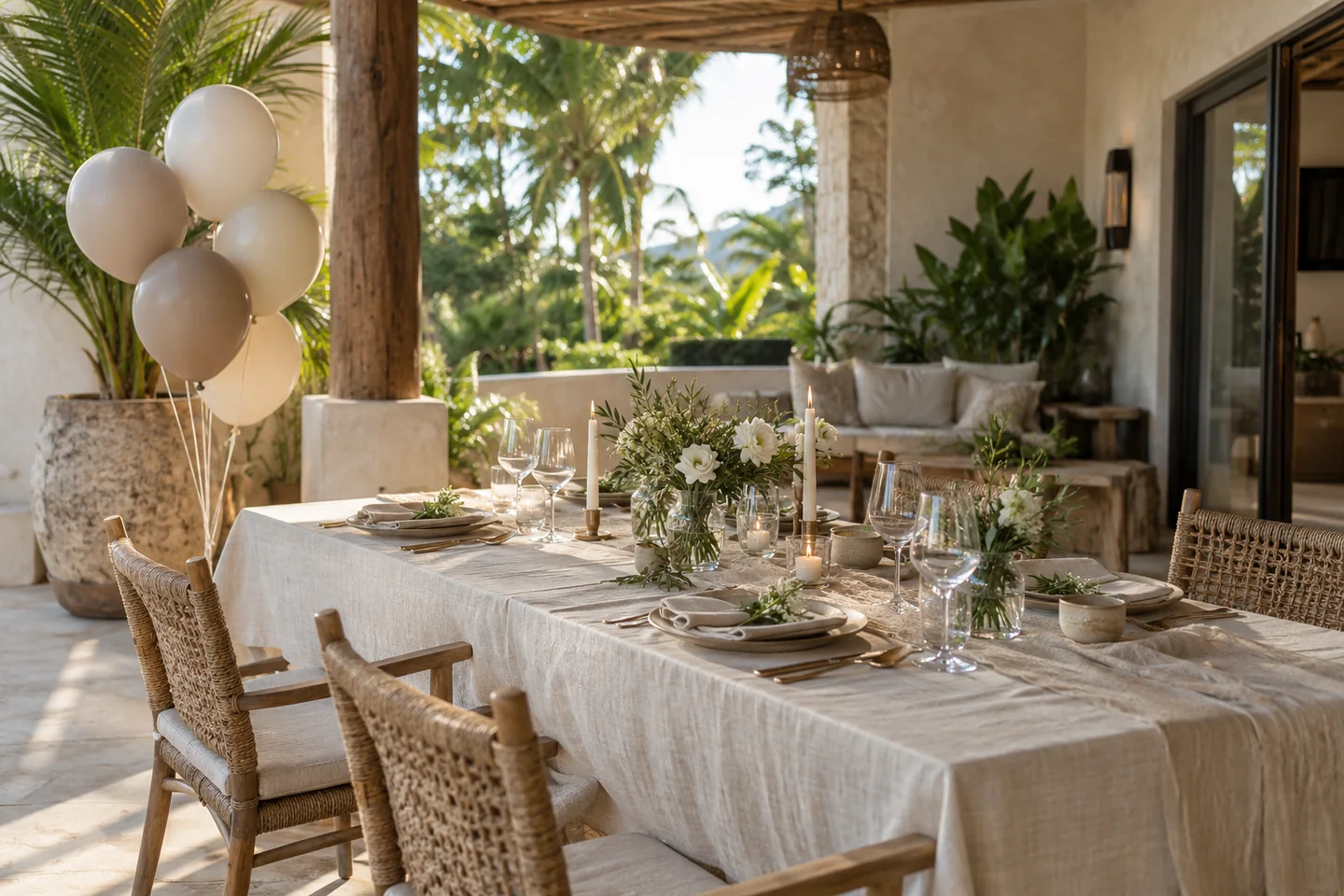 Flowers, candles and celebration styling around a villa dining table