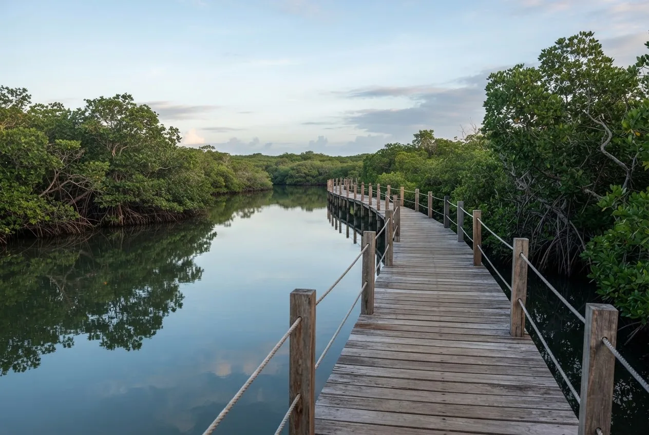Boardwalk through a coastal mangrove landscape