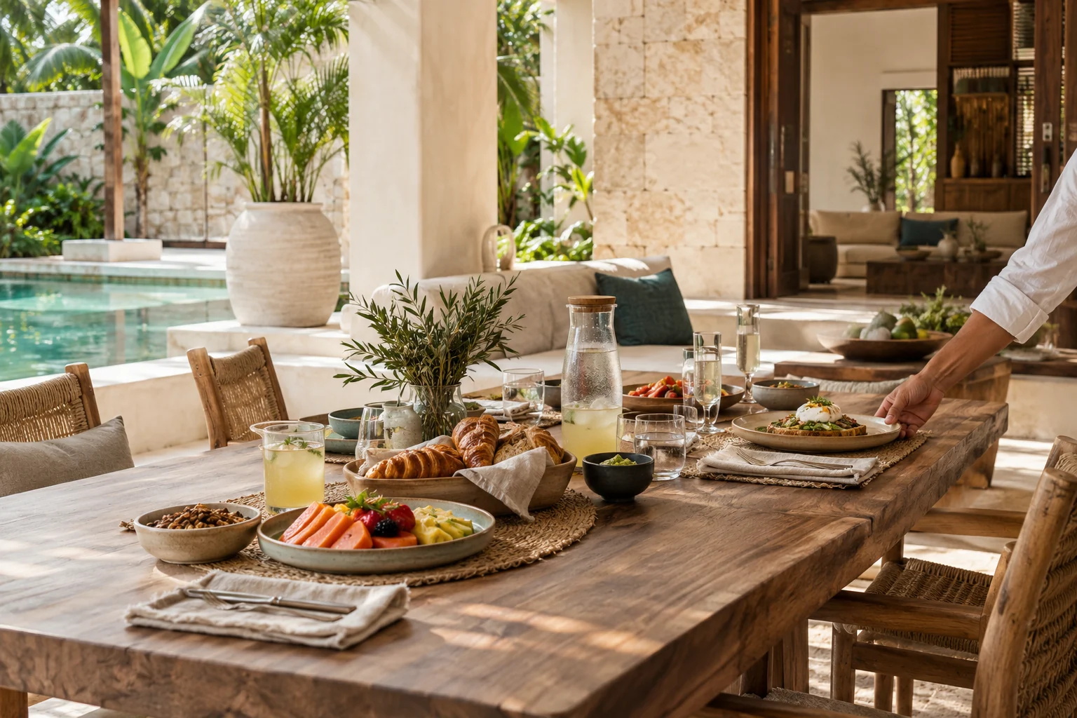 A prepared villa table with food and drinks for a group