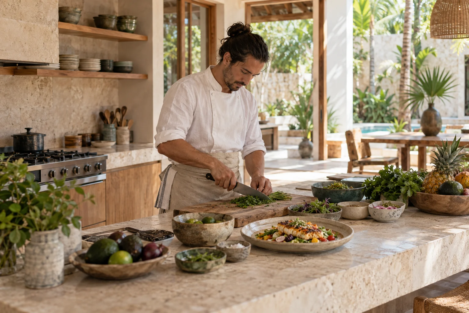 A chef preparing a daily meal in a private villa kitchen