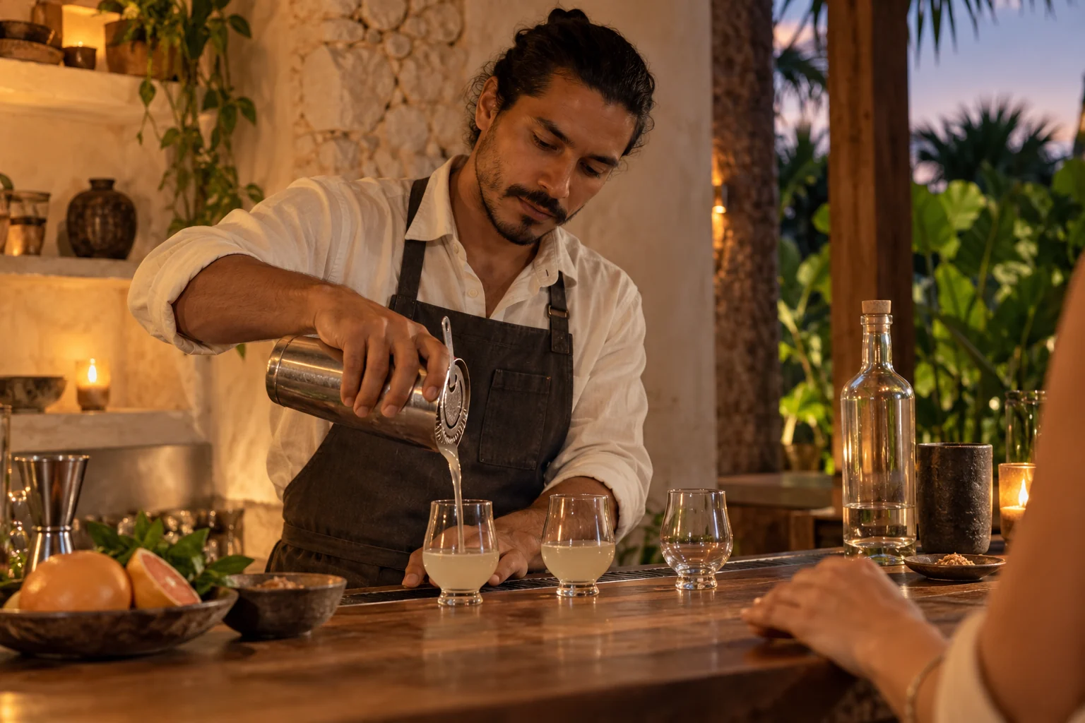 A mixologist preparing cocktails and a tasting at a villa