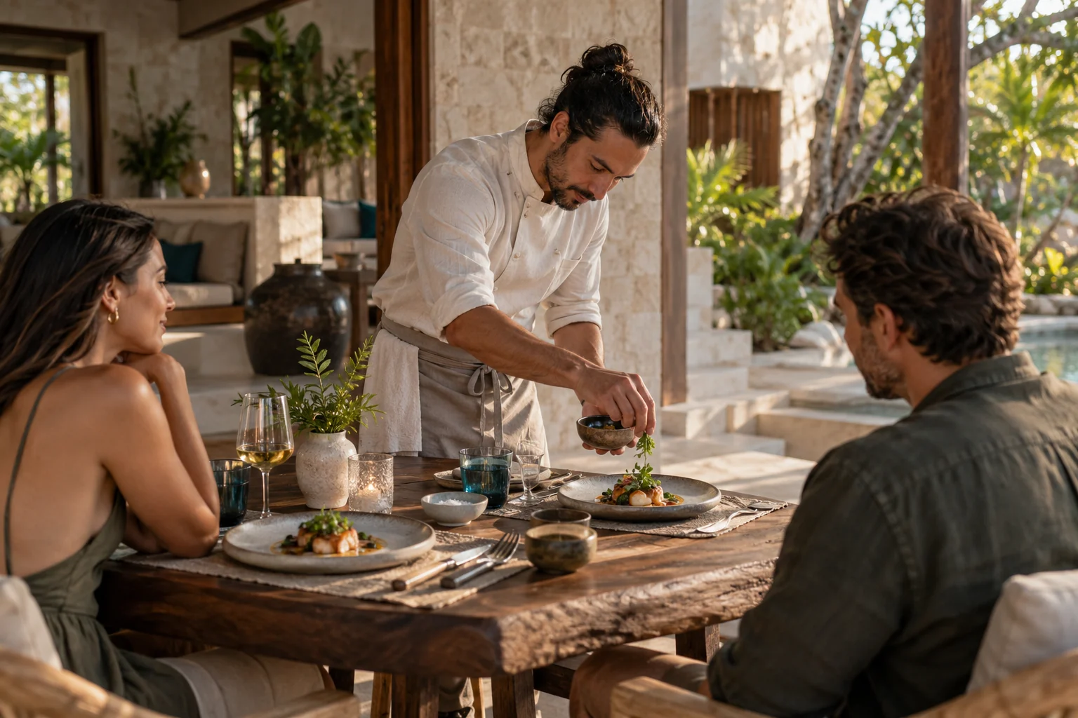 A private chef serving a meal at a Tulum villa