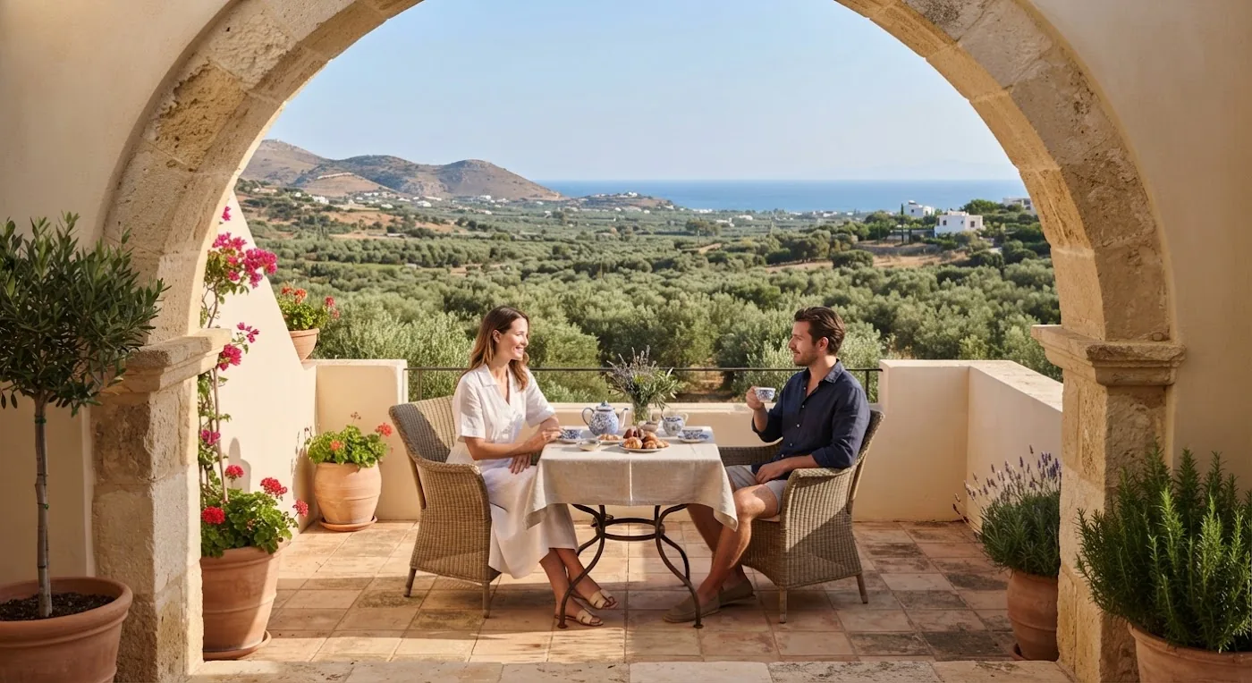 Two guests sharing a meal beneath a stone arch with a view toward the coast