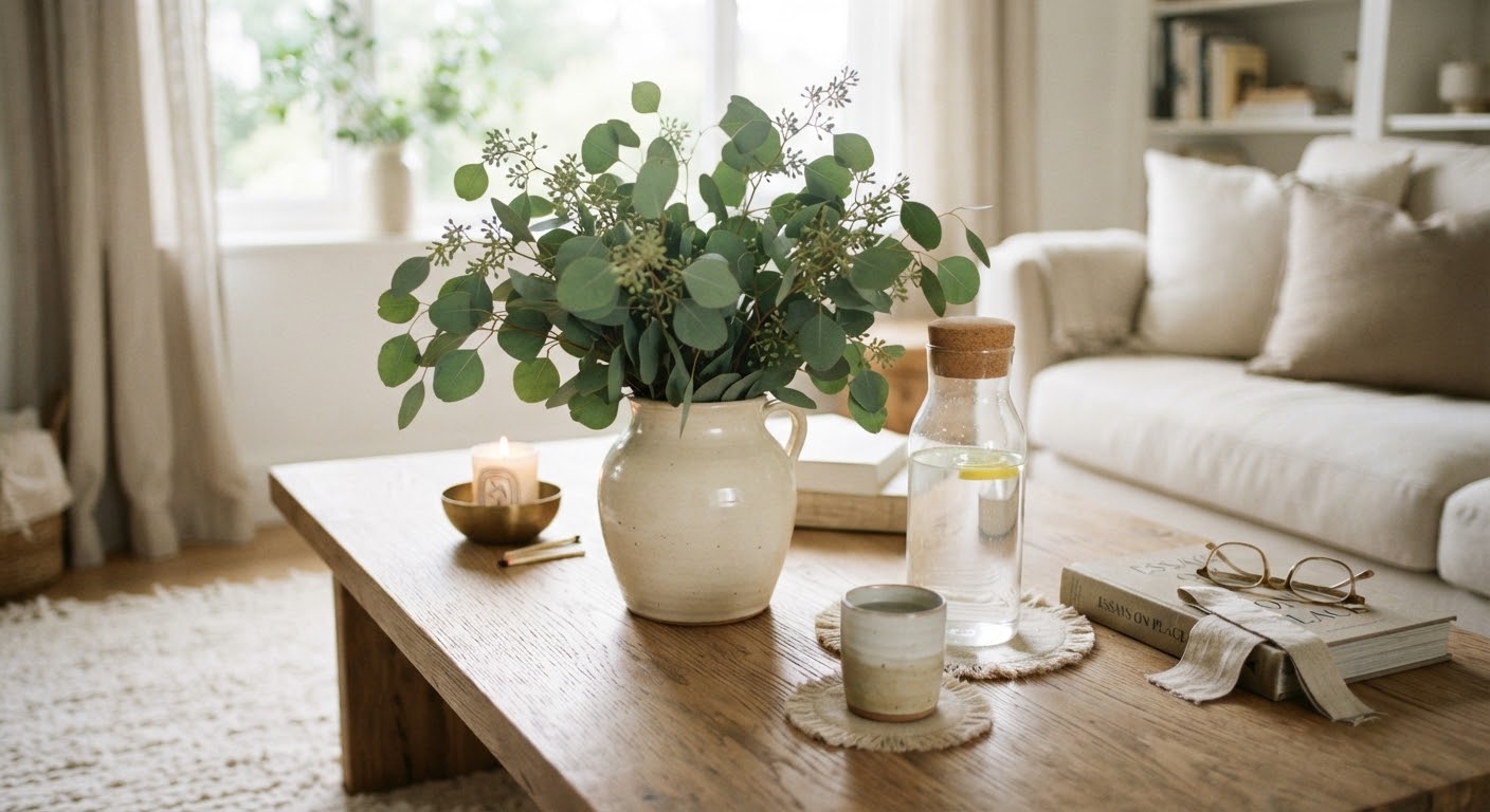 Quietly prepared living room with flowers and refreshments