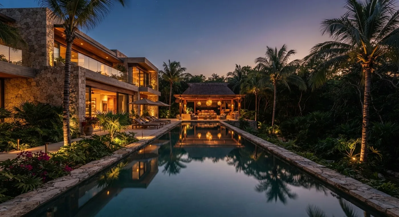 Warmly lit Tulum residence at dusk