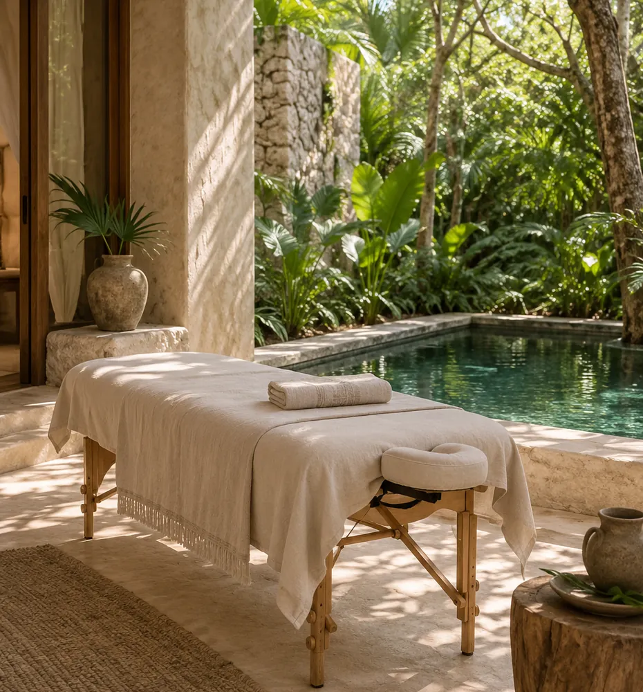 Massage table on a shaded Tulum villa terrace