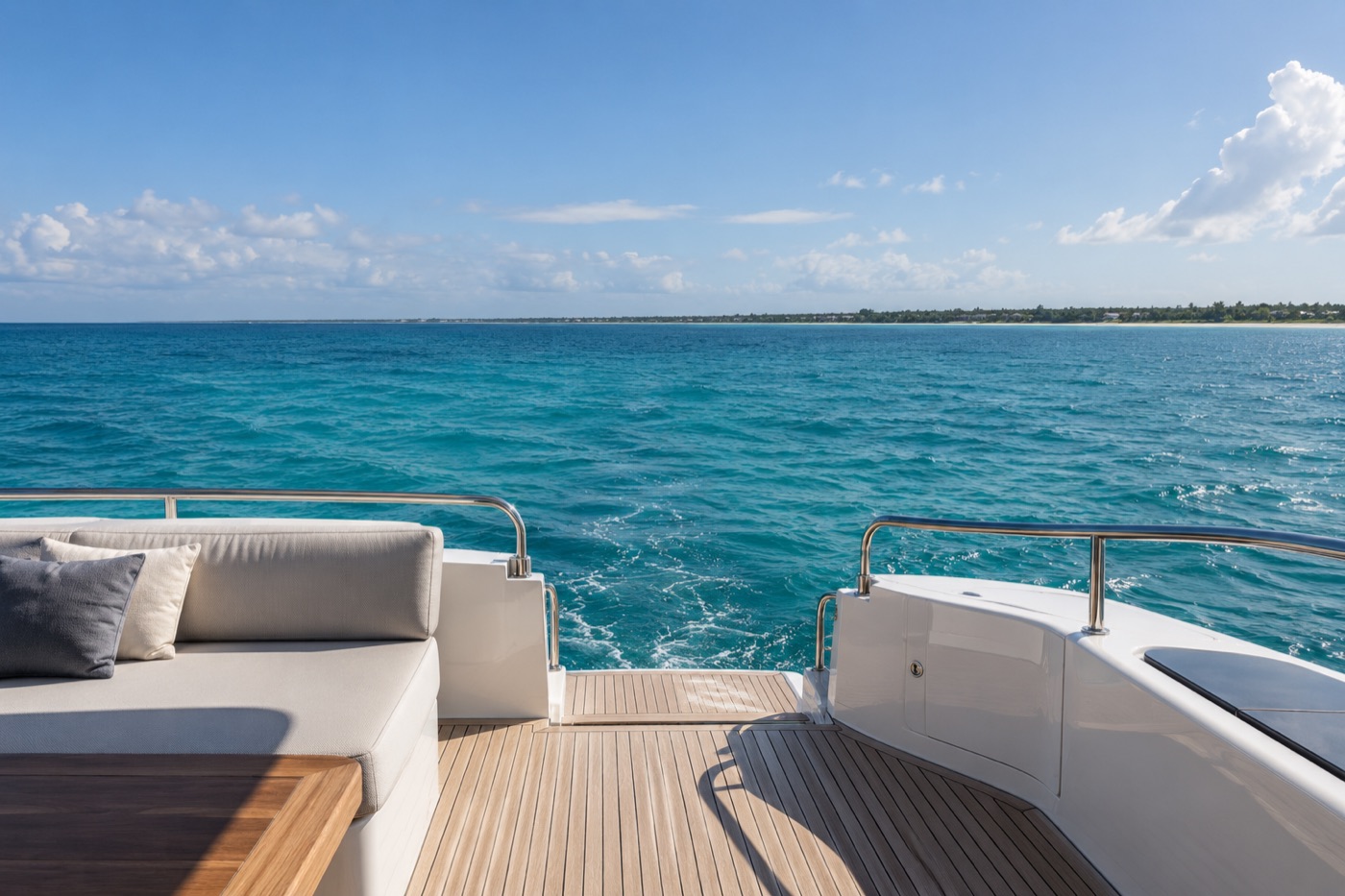 Yacht deck looking across Caribbean water toward a distant coastline