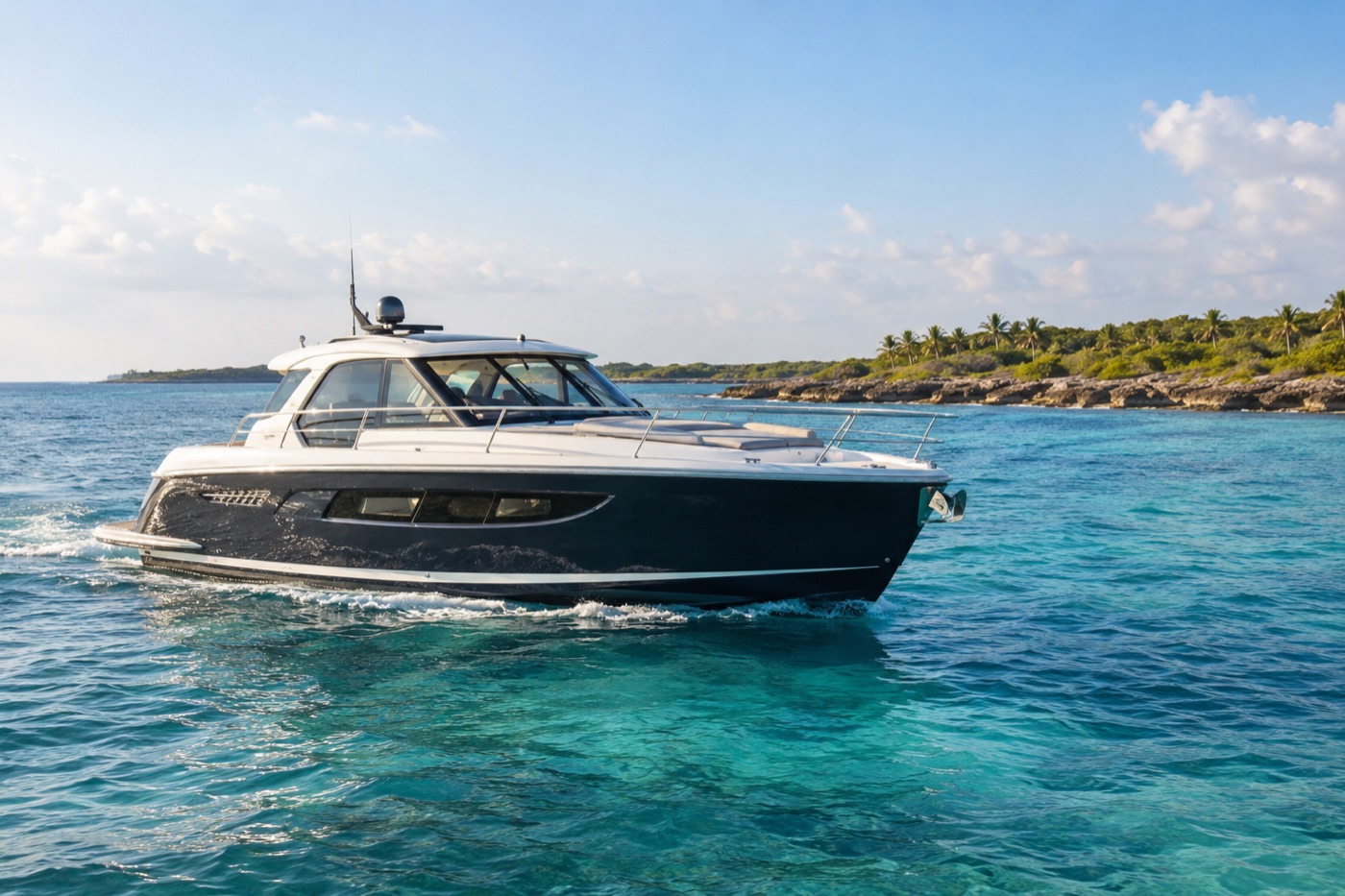 Private motor yacht on clear Caribbean water near a low coastline