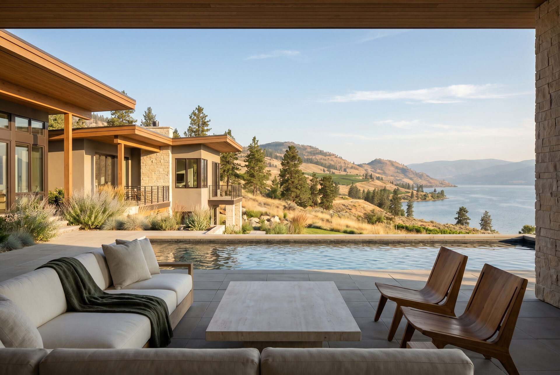 Kelowna lakeside landscape with vineyards and Okanagan Lake