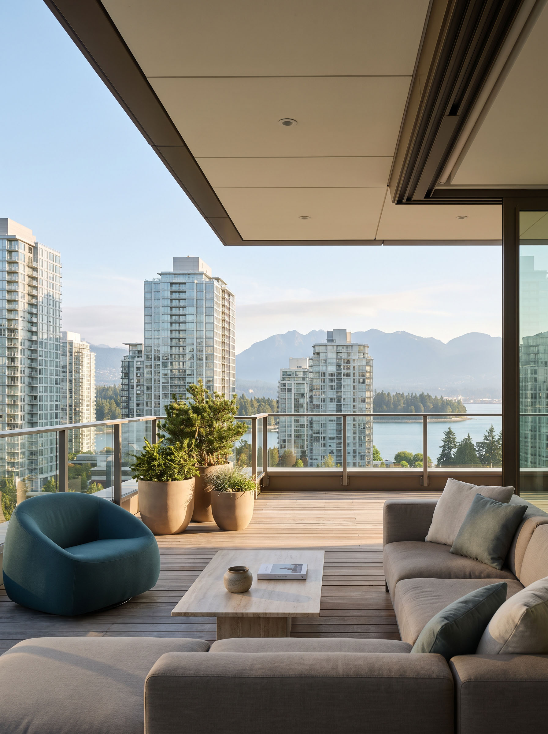 A premium urban residence with glass, warm interior materials, and an expansive, open outdoor view of Vancouver's mountains and water.